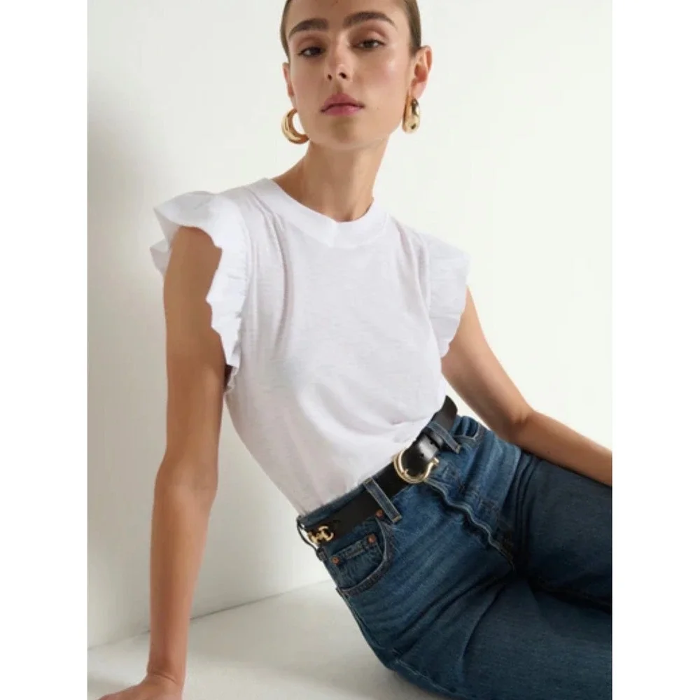 Nation LTD Paulette Ruffle Sleeve Tank Top Size M White Pima Cotton Slub Tee - Picture 3 of 16